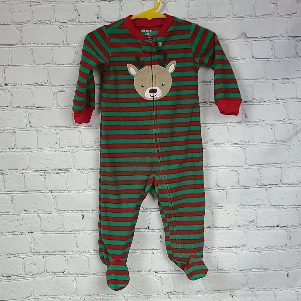 Carter’s Baby Christmas Pajamas 9M Reindeer Fleece Footed Sleeper Red Green Pjs